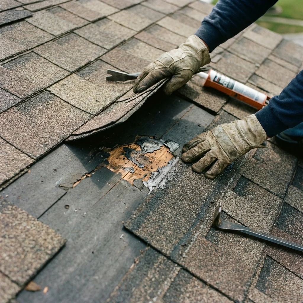 Close up of a roof leak repair